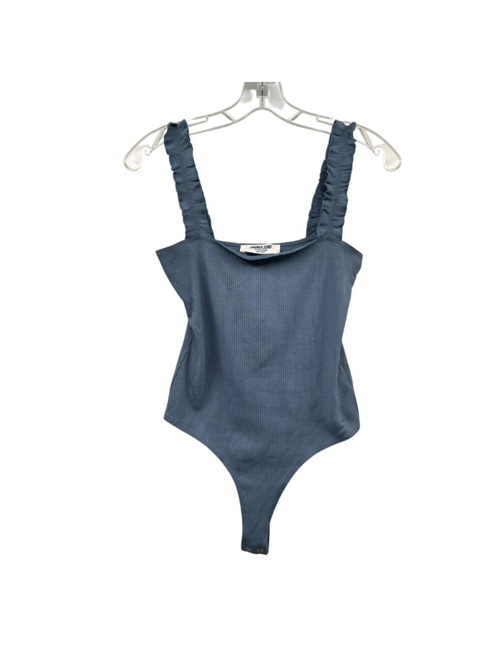 Double Zero Ribbed Bodysuit Ruffle Straps Slate Blue Womens Size Medium